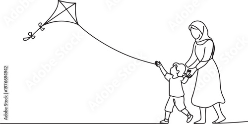 One single line drawing of young Arabian mom and daughter playing and flying kite at public park vector illustration. Happy Islamic muslim family parenting concept. Modern continuous line draw design