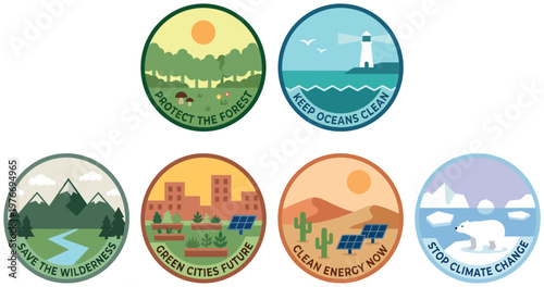 Earth Day environmental action badge set promoting forest protection, ocean cleanup, wilderness preservation, clean energy, and climate change awareness
