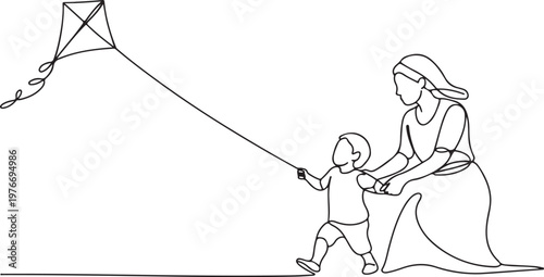 One single line drawing of young Arabian mom and daughter playing and flying kite at public park vector illustration. Happy Islamic muslim family parenting concept. Modern continuous line draw design