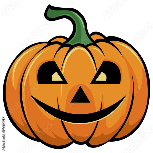 A vibrant orange cartoon jack o lantern with a friendly carved face, including triangular eyes and nose, and a wide, toothy grin, ready for Halloween festivities