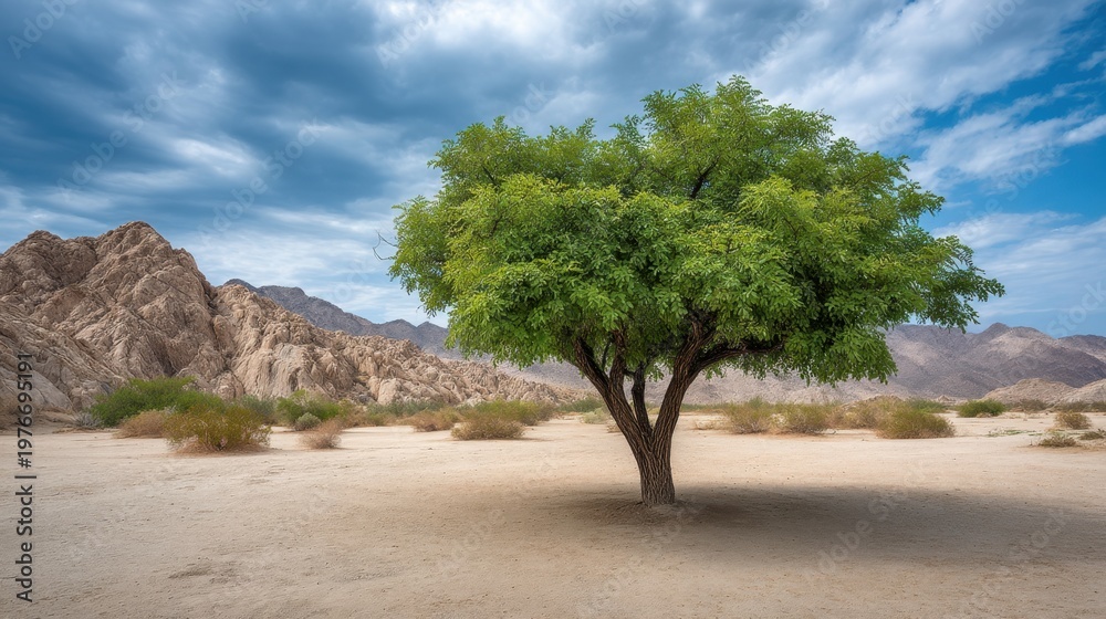 Fototapeta premium Lush Green Tree in Arid Landscape with Dramatic Sky and Mountainous Background in Desert Environment, Nature at its Best Captured on a Clear Day