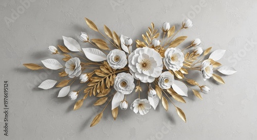 A beautiful floral arrangement with white and gold flowers on a wall