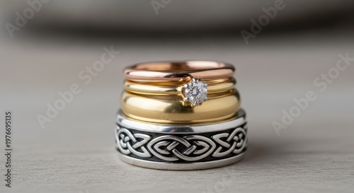 A stack of intricately designed rings with a diamond on a gray surface
