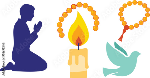 Religious icons featuring a person in prayer, a lit candle, and a dove represent themes of hope, peace, and spiritual connection in a flat design format.