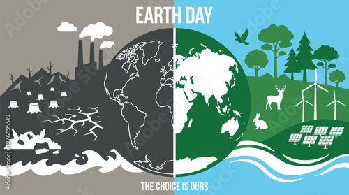 Earth Day before and after contrast illustration showing environmental destruction versus renewable energy future to inspire climate action and choice