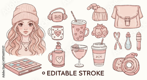 Cozy Winter Essentials - Hand-Drawn Illustration of Girl, Drinks, and Accessories.