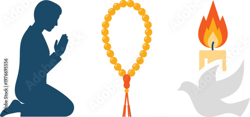 Prayer is symbolized by a kneeling figure alongside traditional religious beads and a burning candle with a dove.
