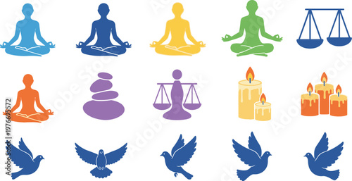 Meditation figures and balanced scales serve as symbolic representations of mindfulness, justice, and spiritual equilibrium.