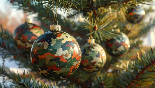 A close-up of camouflage Christmas ornaments on a tree