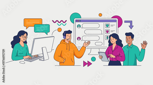 Diverse team interacting with digital interface communication concept illustration