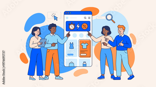 Team members interacting with mobile application interface design concept illustration
