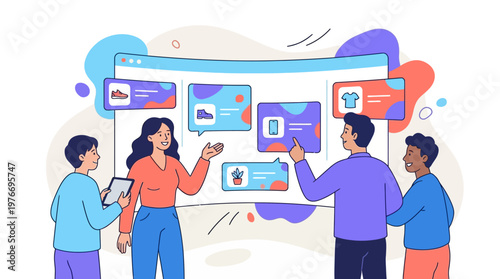 Team members collaborate on digital interface design using colorful vector illustration