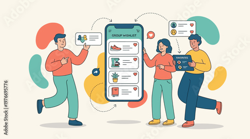 People interacting with mobile app showing wish list with icons and bubbles concept