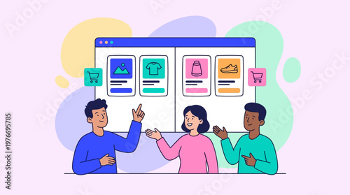 People interacting with online store interface showcasing products and shopping cart icons