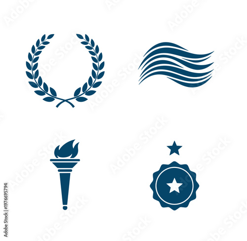Blue award symbols icons set including laurel wreath flame star and waves on white background