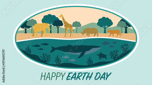Earth Day land and ocean wildlife biodiversity illustration celebrating safari animals and marine life coexistence for conservation awareness campaigns
