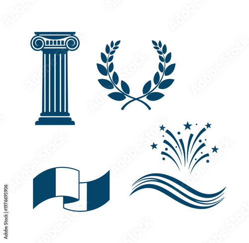 blue icons of column laurel leaves ribbons and fireworks on white background
