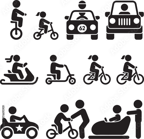 Small Children Riding Toy Vehicles and Bicycle Stick Figure Pictogram Icons 