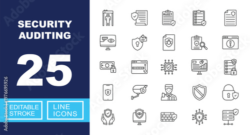 Security Auditing set of web icons in line style. Containing scanner, document, audit, checklist, report, monitor, shield, bug, magnifier, browser, money, phishing, chip, dashboard, and more.