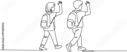 Single one line drawing older sister and younger brother walking waving their hands. Be friendly and polite. Childhood. National Brothers and Sisters Day. Continuous line design graphic illustration