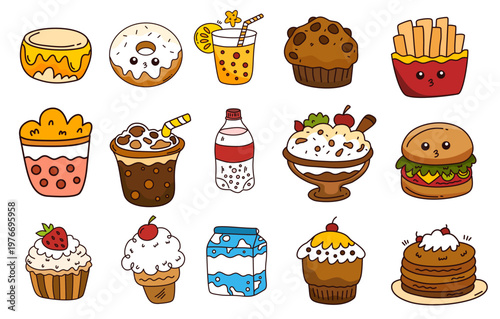 assorted tasty snacks and drinks including burger coffee muffin donuts and milk