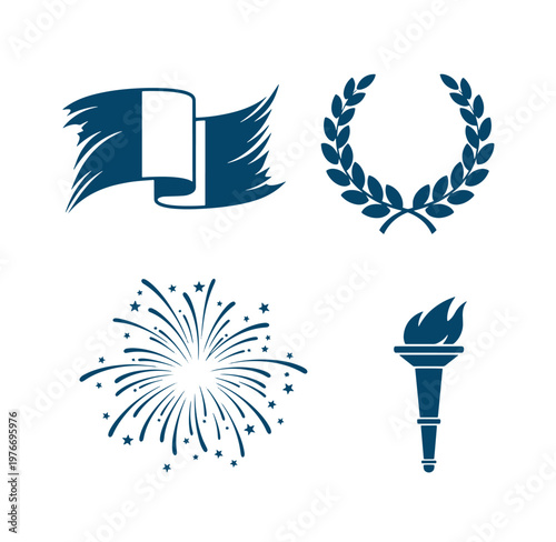 blue icons of flag ribbon fireworks and laurel wreath on white background