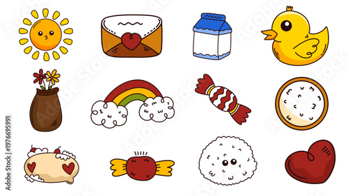 collection of various cute objects including sun milk duck rainbow and hearts
