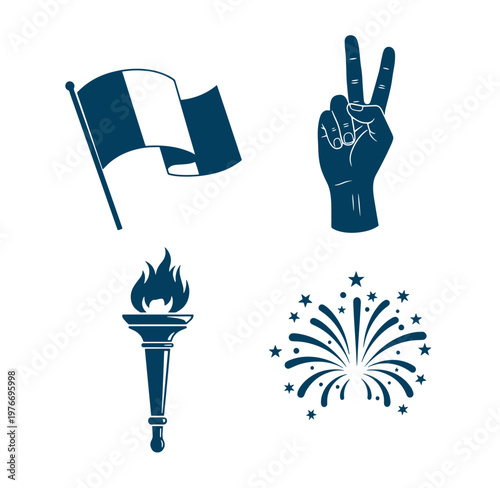 Blue icons of French flag peace sign hand torch and firework explosion on white background