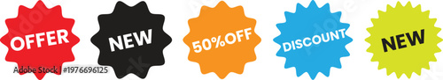 Colorful sale promotion badges featuring offers discounts and new product announcements in starburst shapes