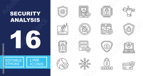 Security Analysis set of web icons in line style. Containing Shield, Tablet, Processor, Key, Radio, Bug, Browser, Protection, Smartphone, Login, Lock, Laptop, Globe, Network, and more. Editable stroke