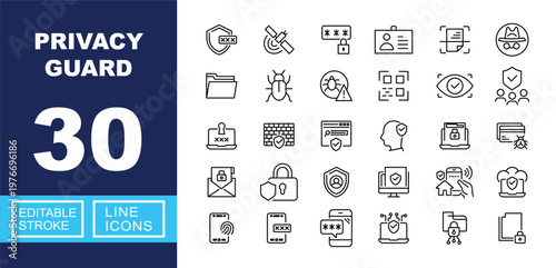 Privacy Guard set of web icons in line style. Containing shield, satellite, password, card, scan, spy, folder, bug, qr, eye, firewall, browser, profile, laptop, mailbox, and more. Editable stroke