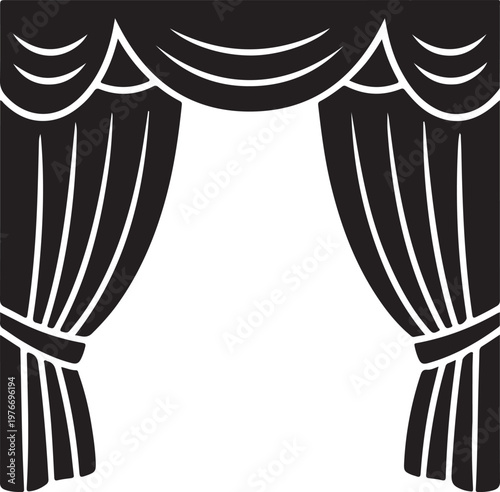 Elegant theater style curtain with decorative swag and pleated panels drawn back
