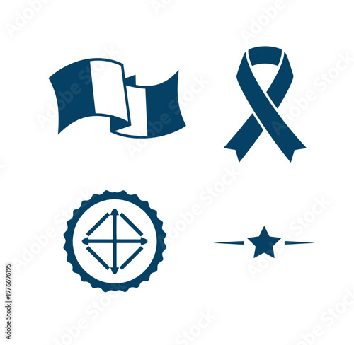 Blue icons set including ribbons and symbols for design and decoration purposes  isolated on white background