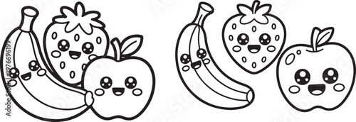 Cute cartoon fruits with smiling faces isolated on transparent background for illustrations