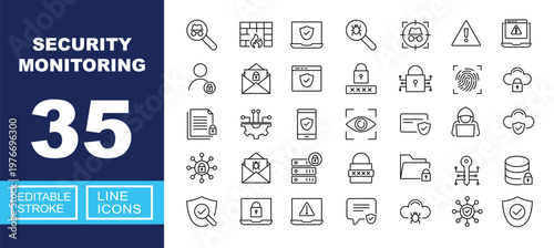 Security Monitoring set of web icons in line style. Containing Search, Firewall, Laptop, Bug, Target, Warning, User, Email, Browser, Password, Encryption, Fingerprint, Cloud, and more. Editable stroke