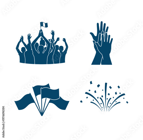 blue silhouette icons of people celebrating with flags and hands raised in excitement and fireworks exploding