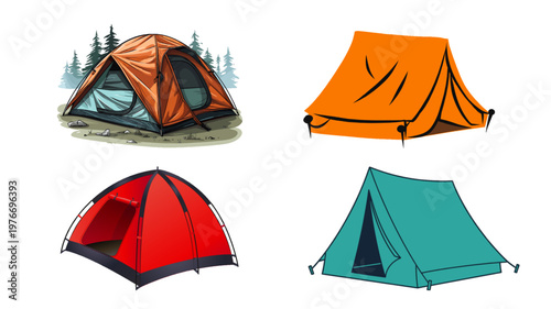 set of camping icons featuring tents and outdoor adventure elements in nature during summer travel