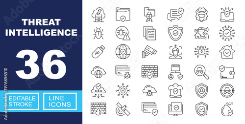 Threat Intelligence set of web icons in line style. Containing cloud, folder, chat, spy, bug, document, shield, mobile, drive, globe, camera, target, lock, house, card, wall, and more. Editable stroke