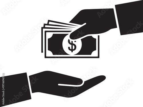 Two hands exchanging money in a financial transaction illustration