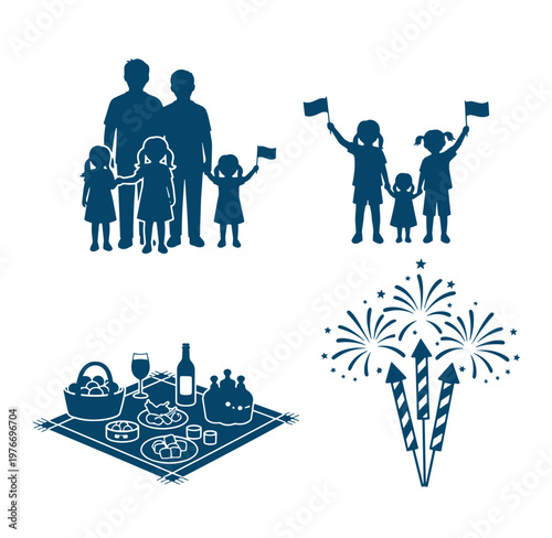 Family picnic and celebration with fireworks and flags  happy people having fun