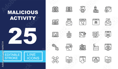 Malicious Activity set of web icons in line style. Containing virus, laptop, cloud, hacker, mail, spam, ddos, bug, bomb, server, image, phishing, key, mobile, money, skull, and more. Editable stroke