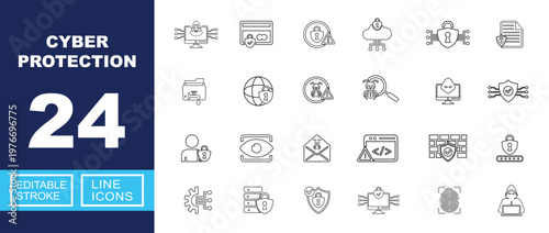 Cyber protection set of web icons in line style. Containing hacker, credit-card, security, cloud, shield, document, database, network, malware, magnifier, monitor, firewall, and more. Editable stroke