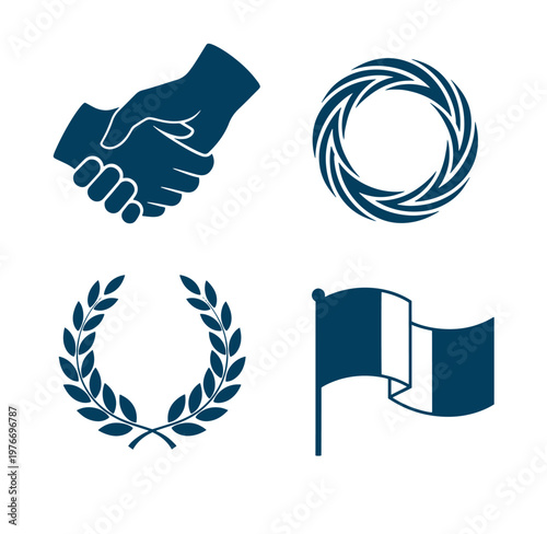 Four blue icons of handshake circular wreath laurel wreath and waving flag on white background