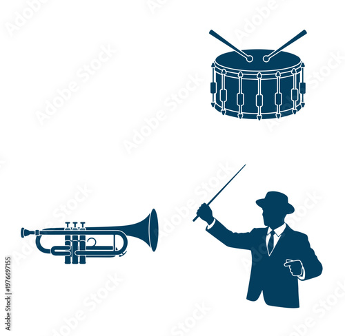 Music conductor and musical instruments silhouette  orchestra conductor with baton and drum and trumpet