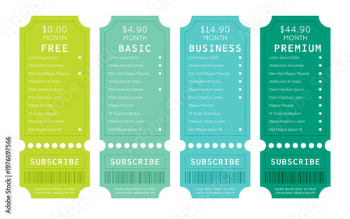 Subscription pricing plans tickets set. Banners for service tariffs. Vector layout for website interface, mobile apps, and marketing materials to compare service features and costs.