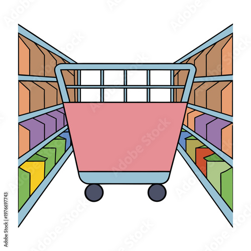 A bright supermarket aisle lined with colorful shelves, neatly stacked goods, and clear signs guiding shoppers through a lively path filled with choices and everyday essentials.
