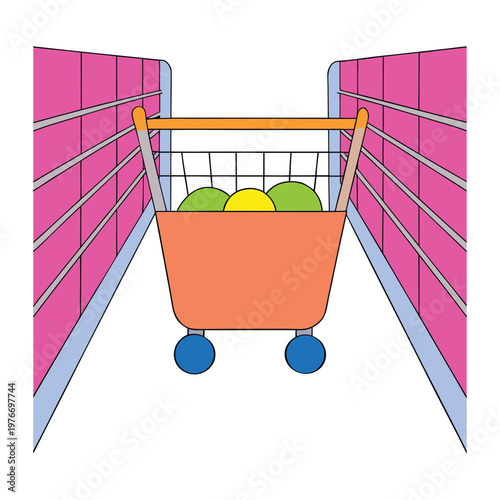 A bright supermarket aisle lined with colorful shelves, neatly stacked goods, and clear signs guiding shoppers through a lively path filled with choices and everyday essentials.
