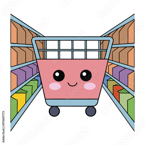 A bright supermarket aisle lined with colorful shelves, neatly stacked goods, and clear signs guiding shoppers through a lively path filled with choices and everyday essentials.
