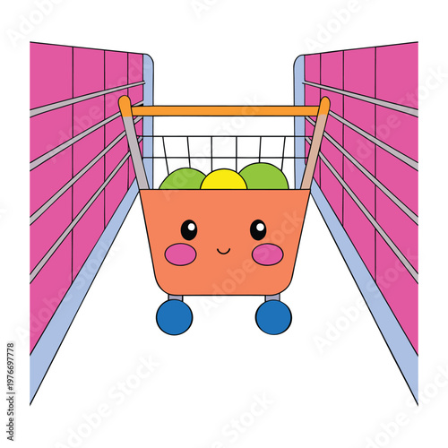 A bright supermarket aisle lined with colorful shelves, neatly stacked goods, and clear signs guiding shoppers through a lively path filled with choices and everyday essentials.
