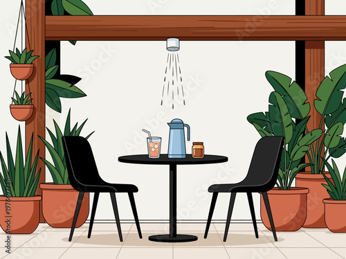 Modern Outdoor Cafe Terrace with Cooling Misting System, Tropical Potted Plants, and Refreshing Drinks Illustration